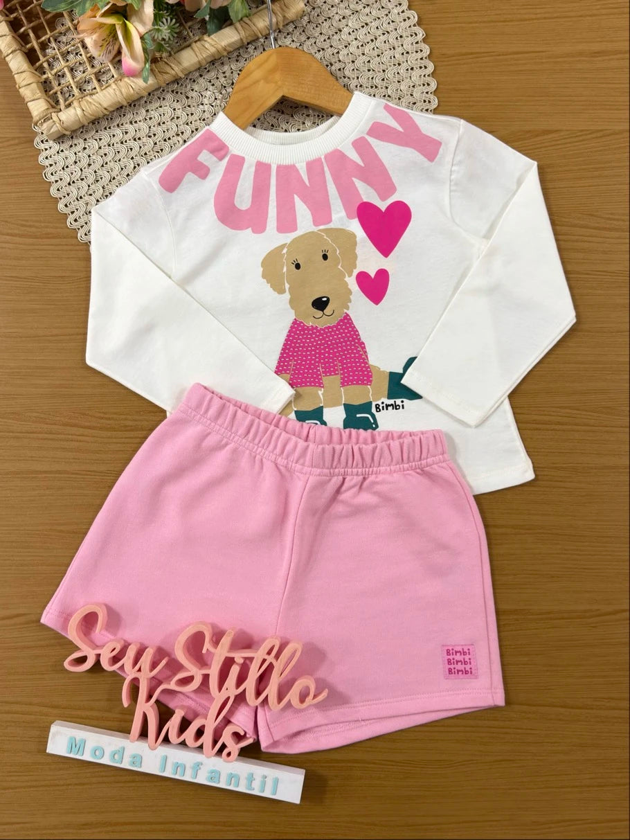 Conjunto Infantil Bimbi Inverno com Shorts Rosa  e Blusa Manga Longa Cachorrinha Funny