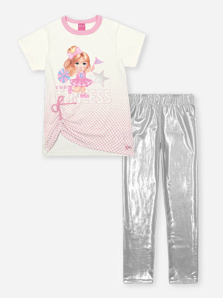 Conjunto Infantil Cinti Verão com Calça Legging Cinza Holografico e Blusa Lider de Torcida