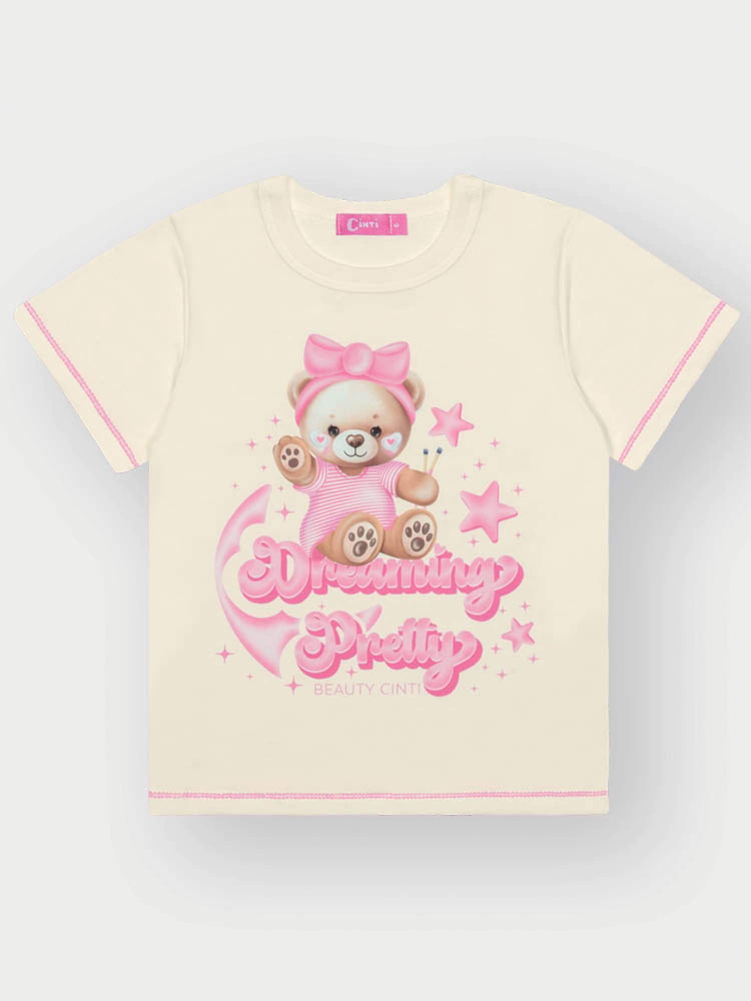 Pijama Infantil Cinti Verão com Shorts Rosa Listrado e Blusa Branca Ursinha