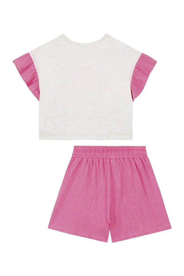 Conjunto Infantil Kukiê Verão com Shorts Rosa e Blusa Off White Casinha Cogumelo