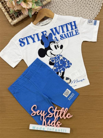 Conjunto Infantil Animê com Shorts Azul e Blusa Branca Minnie Disney
