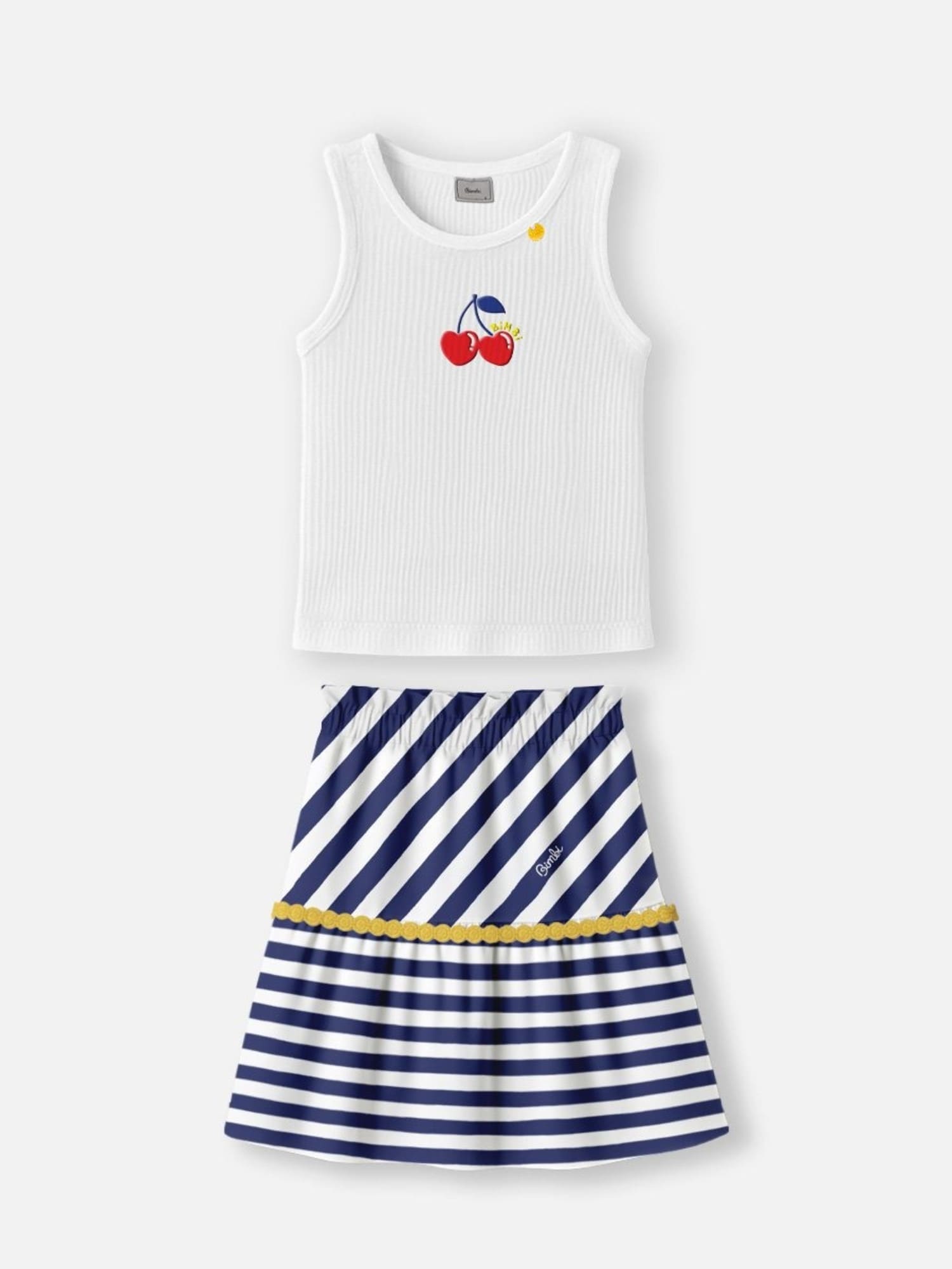 Conjunto Infantil Bimbi Verão com Saia Listrada e Regata Branca Cerejinha