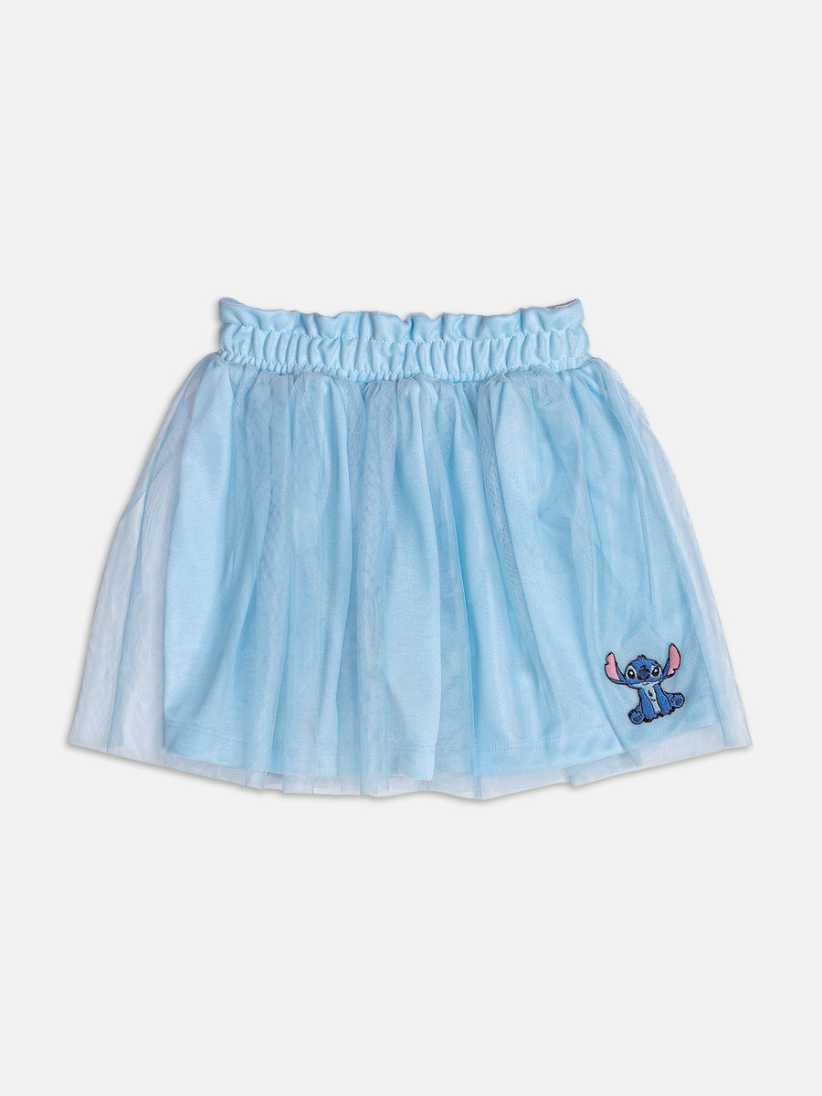 Conjunto Infantil Momi Verão com Saia em Tule Azul e Blusa Branca Stitch Disney