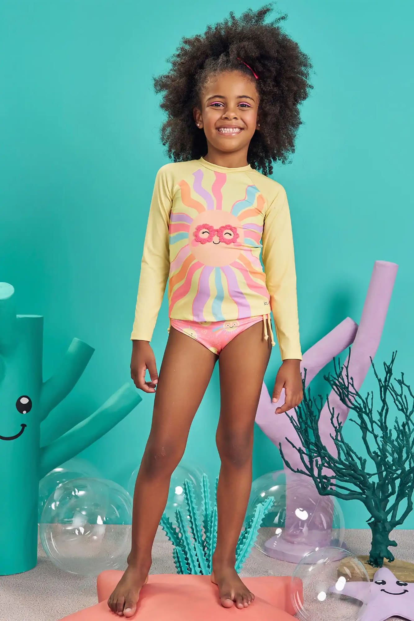 Biquíni Infantil Kukiê Verão Rosa com Blusa Amarela Solzinho