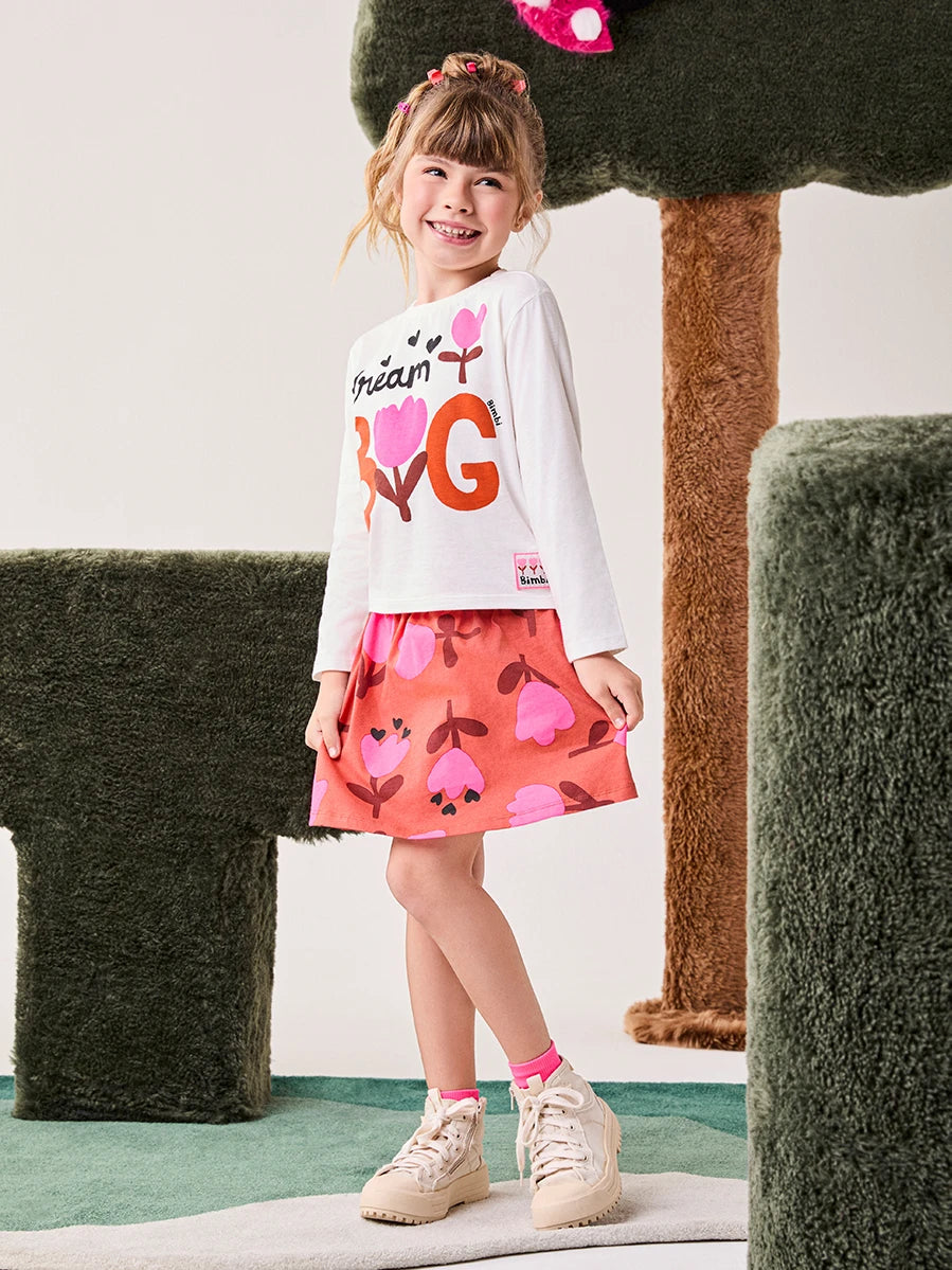 Conjunto Infantil Bimbi Inverno com Saia Marrom e Blusa Manga Longa Dream Big