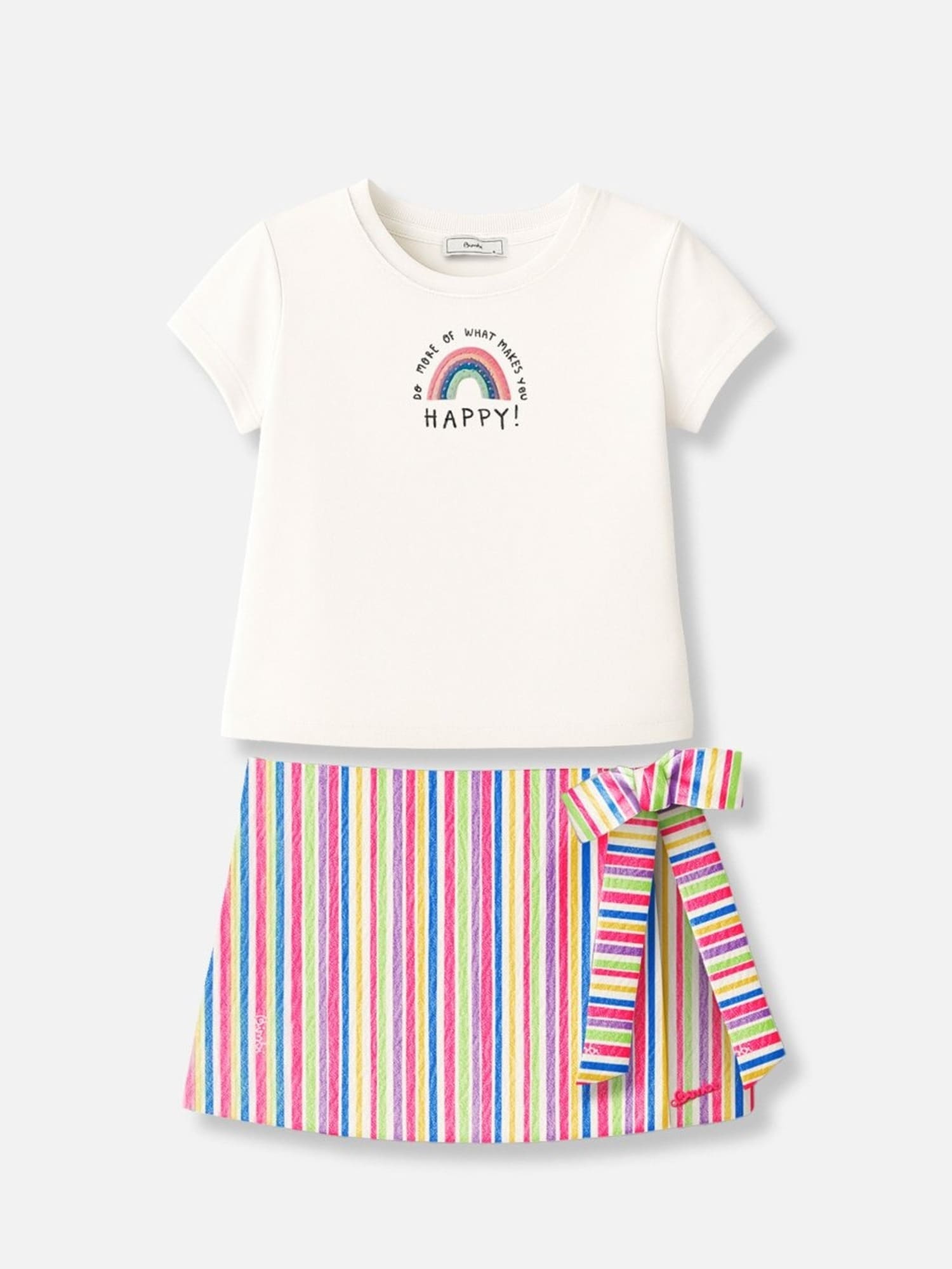 Conjunto Infantil Bimbi Verão com Shorts Saia Colorido e Blusa Branca Arco-íris