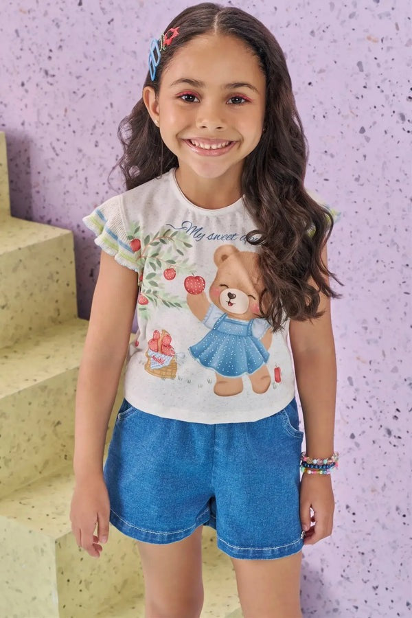 Blusa Infantil Kukiê Verão Off White Ursinha Maçã