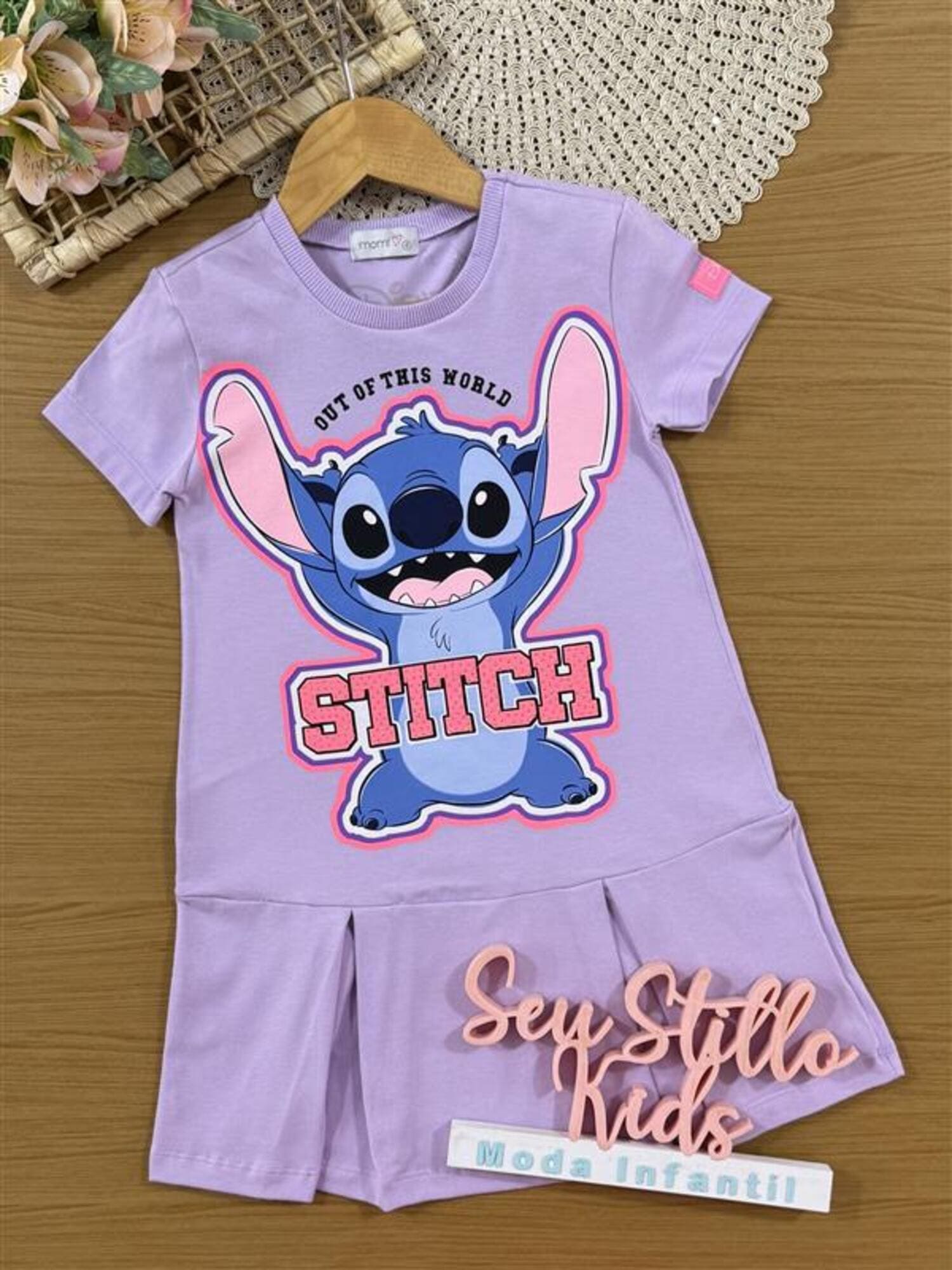 Vestido Infantil Momi Verão Lilás Stitch com Strass Disney