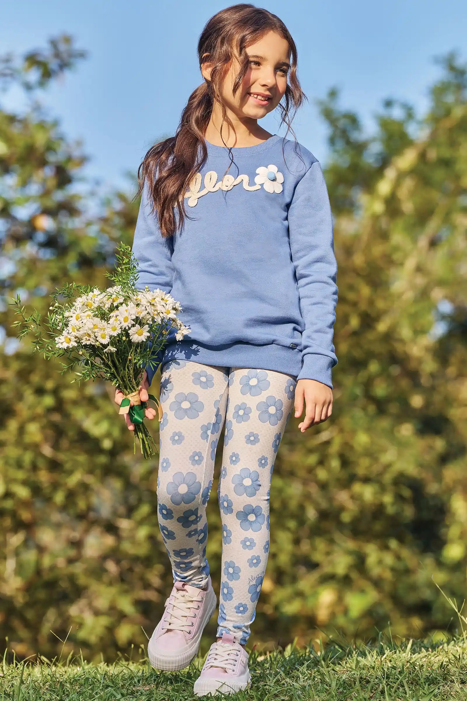 Conjunto Infantil Kukiê Inverno com Calça Legging Térmica e Moletom Flanelado Azul Flor