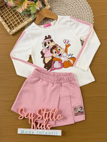 Conjunto Infantil Momi Inverno com Shorts Saia Rosa e Blusa Manga Longa Tico e Teco Disney