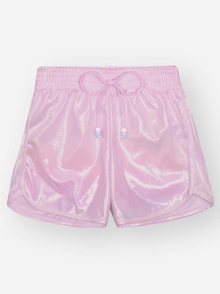 Conjunto Infantil Cinti Verão com Shorts Holográfico Rosa e Blusa Branca Sport