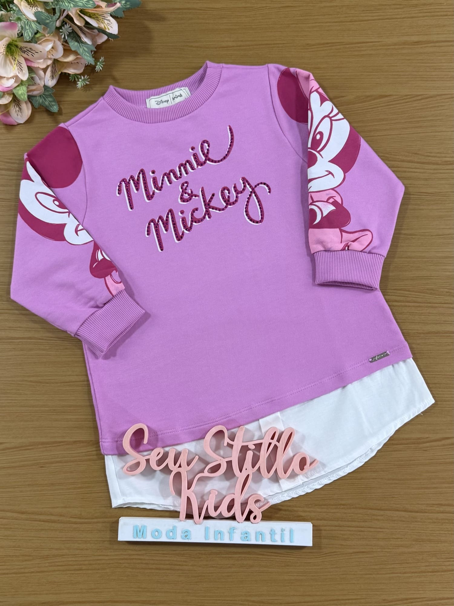 Vestido Infantil Animê Inverno Rosa Minnie e Mickey Disney