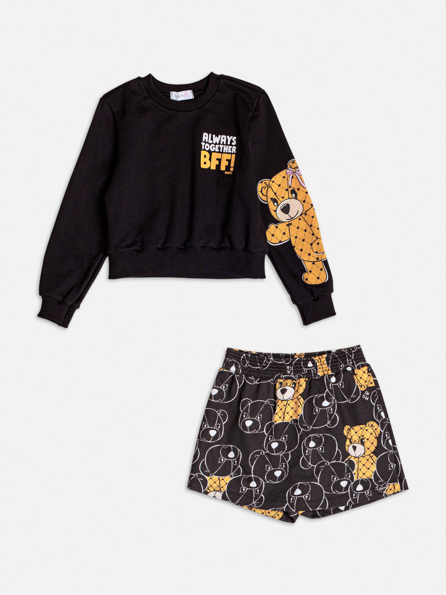 Conjunto Infantil Momi Inverno Shorts Saia e Blusa Preta Ursinha