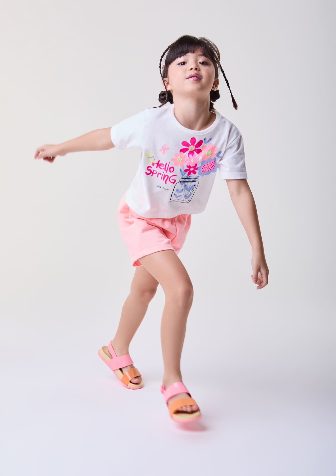 Conjunto Infantil Bimbi Verão com Short Coral e Blusa Branca Floral Primavera
