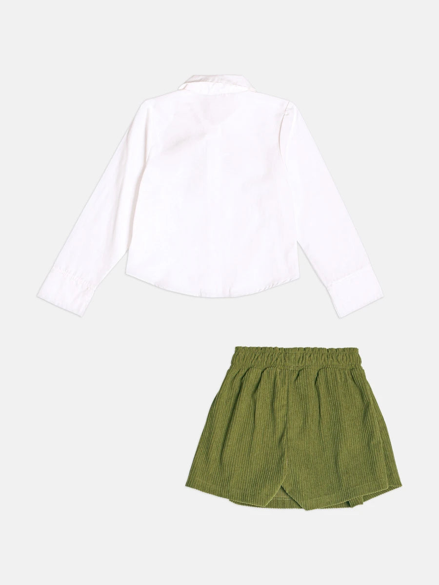 Conjunto Infantil Momi Inverno com Shorts Saia Verde e Blusa Manga Longa Lacinho