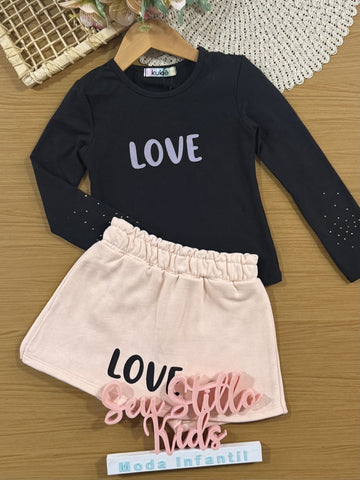 Conjunto Infantil Kukiê Inverno com Shorts Saia Rosa e Blusa Manga Longa Preta Love