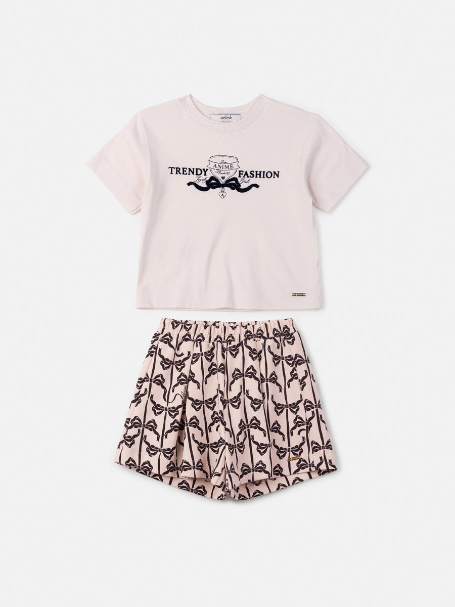 Conjunto Infantil Animê com Shorts e Blusa Bege Fashion