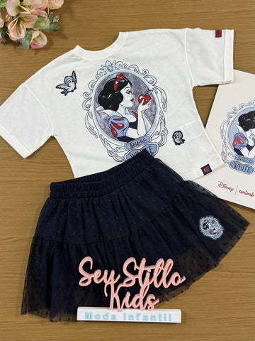 Conjunto Infantil Animê Saia Tule e Blusa Manga Curta Branca de Neve Disney