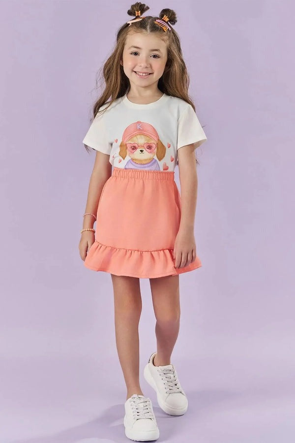 Conjunto Infantil Kukiê Verão com Shorts Laranja e Blusa Branca Cachorrinha com Strass