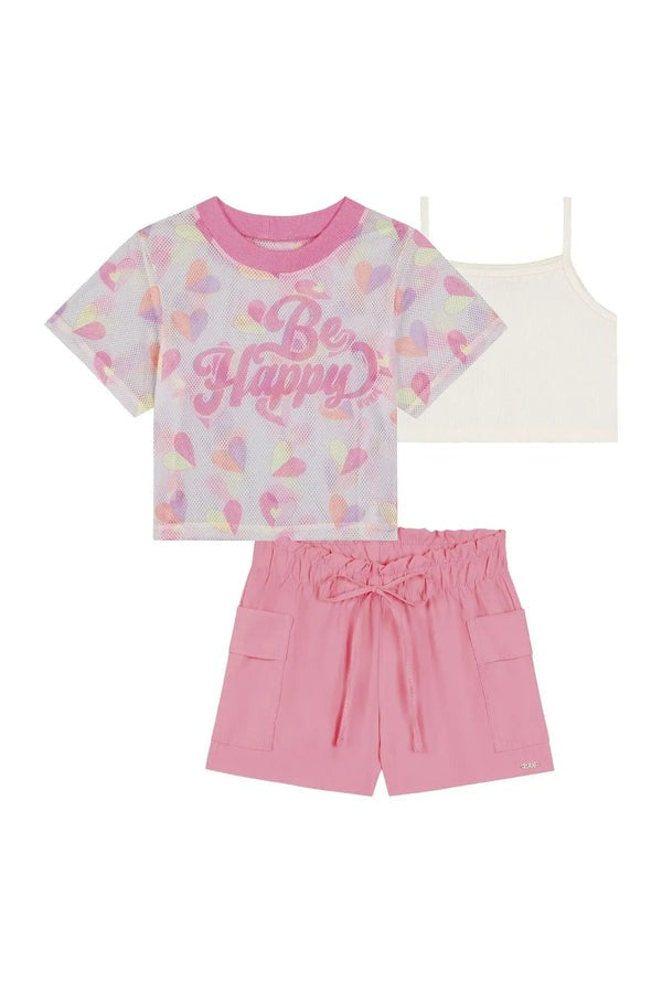 Conjunto Infantil Kukiê Verão, Shorts Rosa Top Branco e Sobreposição em Tela Corações