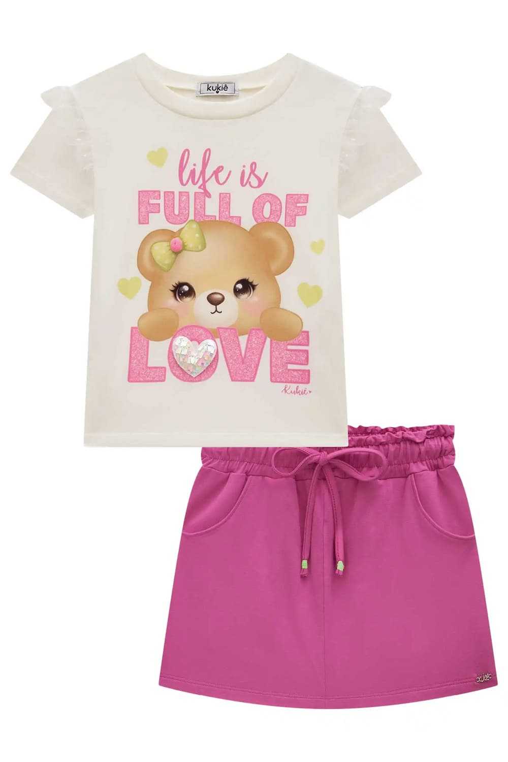 Conjunto Infantil Kukie Verão Com Shorts Saia Rosa e Blusa Ursinha