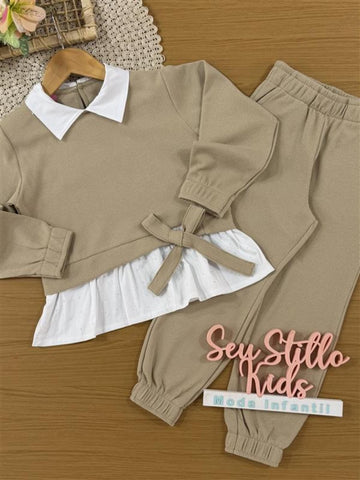 Conjunto Infantil Cinti Inverno com Calça e Casaco Bege Lacinho