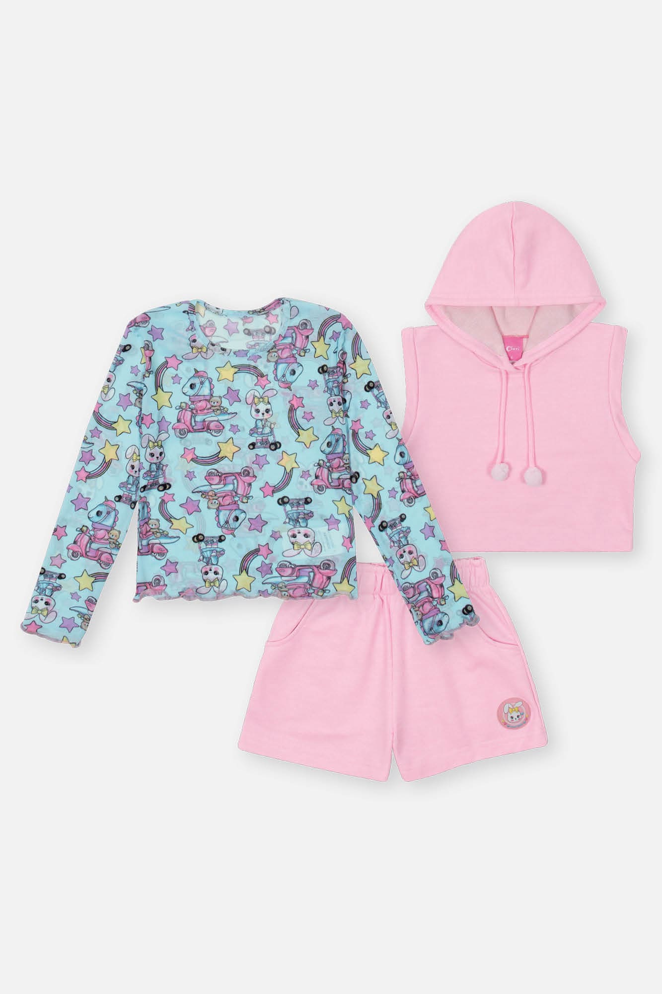Conjunto Infantil Cinti Inverno Shorts Colete Rosa e Blusa Coelhinha