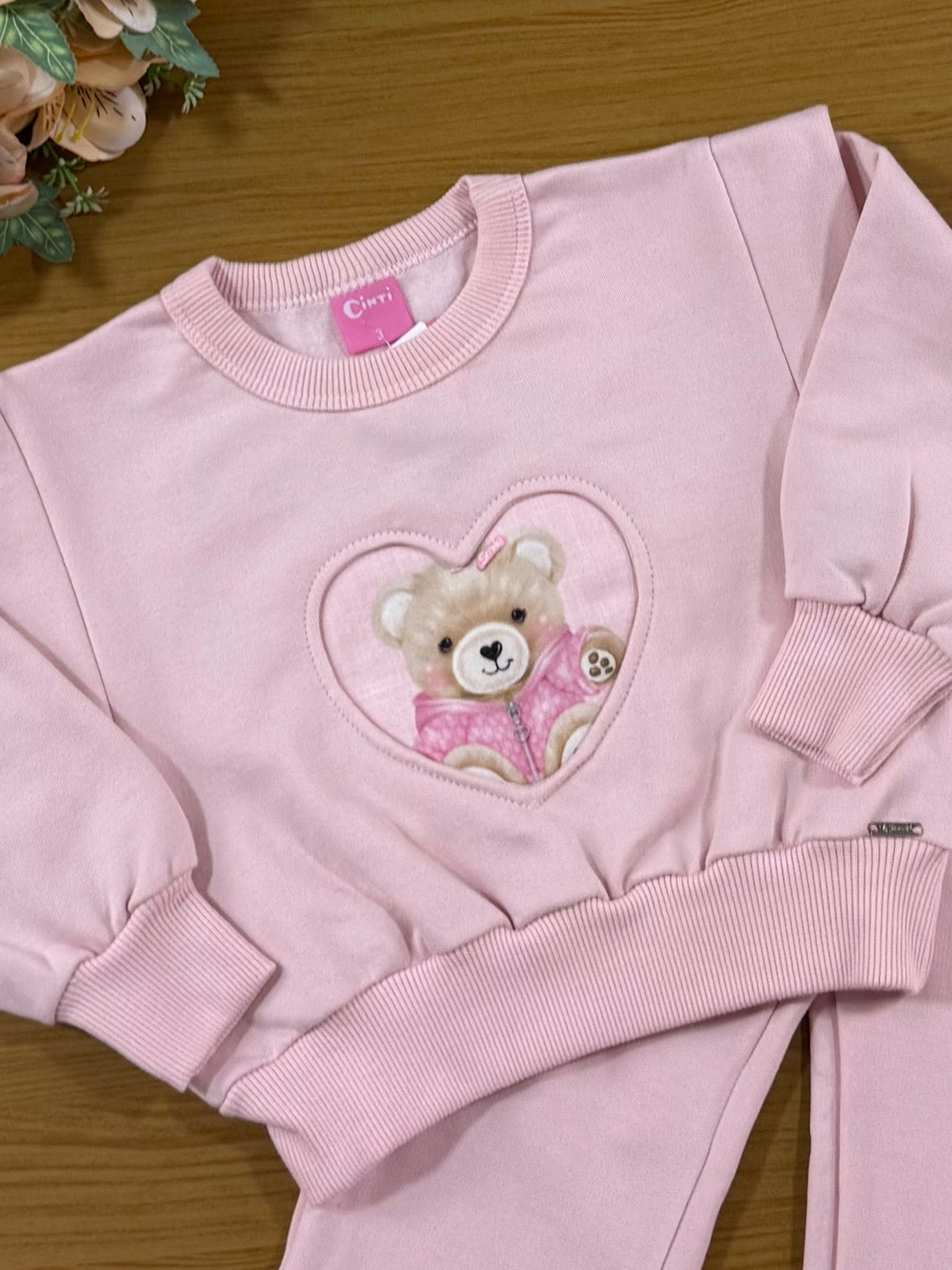 Conjunto Infantil Cinti Inverno Calça e Moletom Flanelado Rosa Ursinho Coração