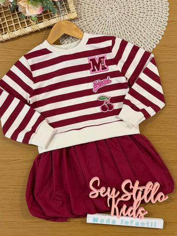 Vestido Infantil Momi Inverno Balone Vermelho Listrada Cerejinha