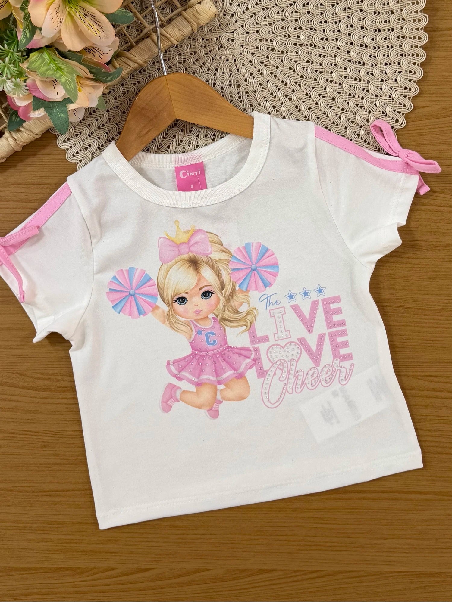 Conjunto Infantil Cinti Verão com Saia Rosa Holografica e Blusa Líder de Torcida
