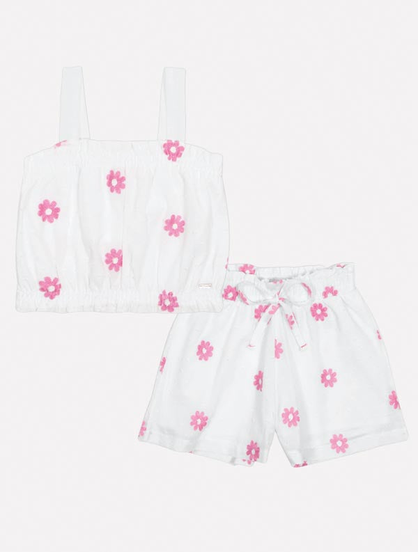Conjunto Infantil Cinti Verão Blusa e Shorts Branco Florzinhas