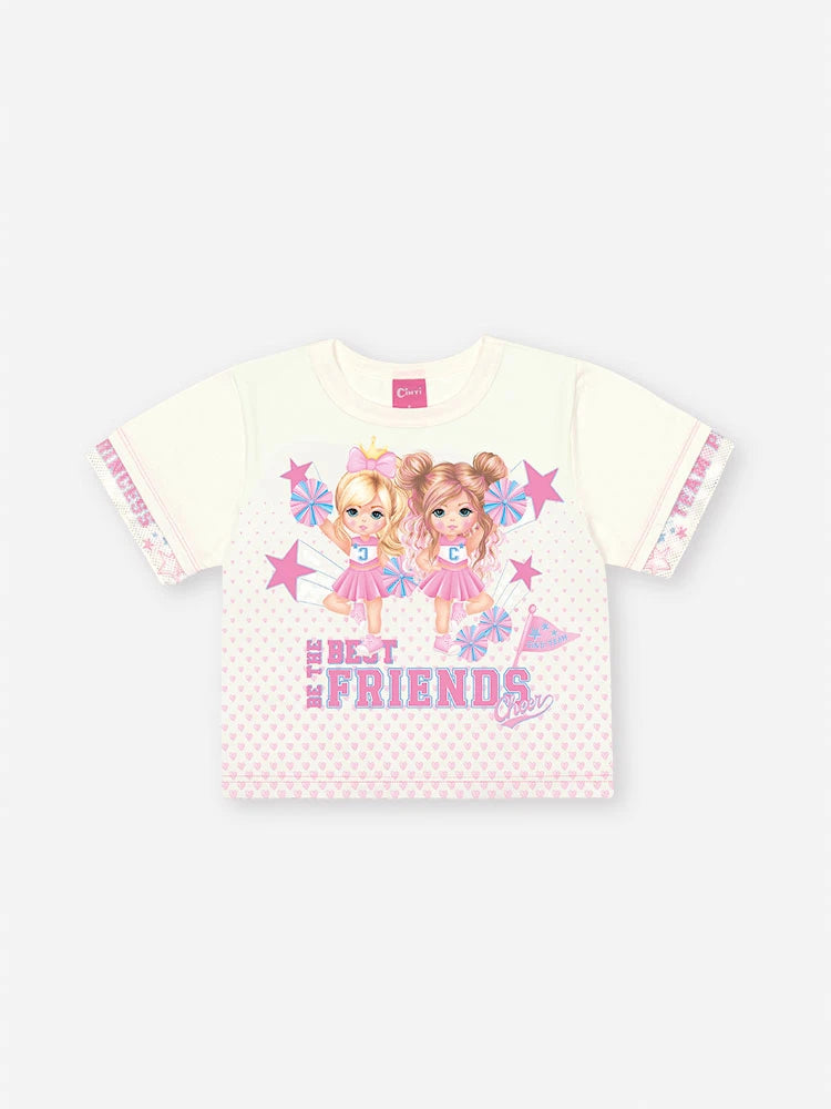 Conjunto Infantil Cinti Verão com Shorts Saia Rosa e Blusa Lider de Torcida Best Friends
