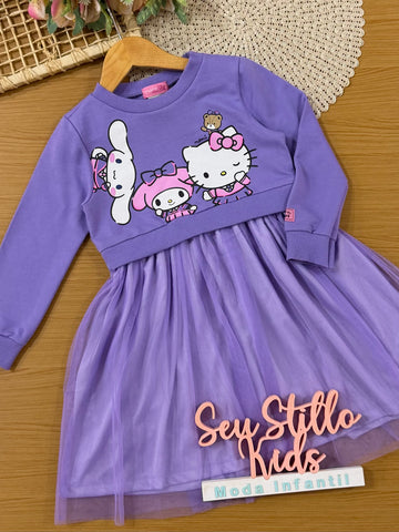 Vestido Infantil Momi Inverno Lilás com Tule Hello Kitty