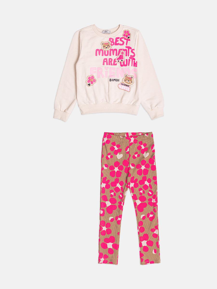 Conjunto Infantil Bimbi Inverno com Calça e Moletom sem Flanela Bege Friends