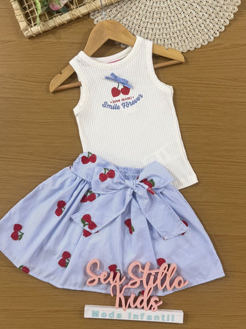 Conjunto Infantil Momi Verão com Saia Azul Listrada e Regata  Branca Cereje