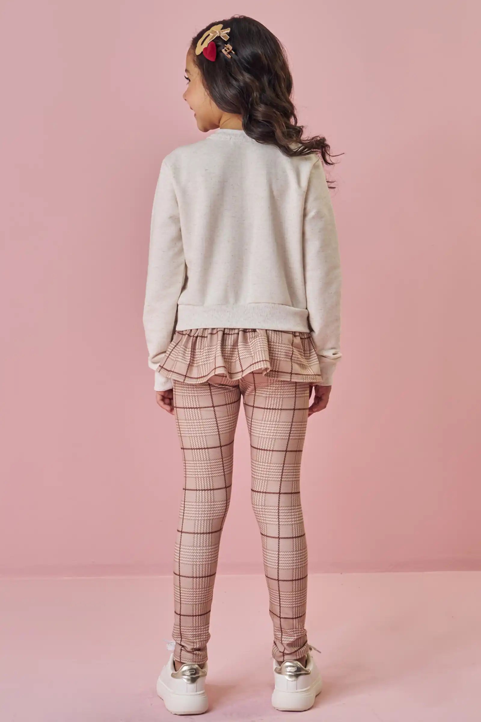 Conjunto Infantil Kukiê Inverno com Calça Legging Xadrez e Moletom sem Flanela Ursinho Lacinho