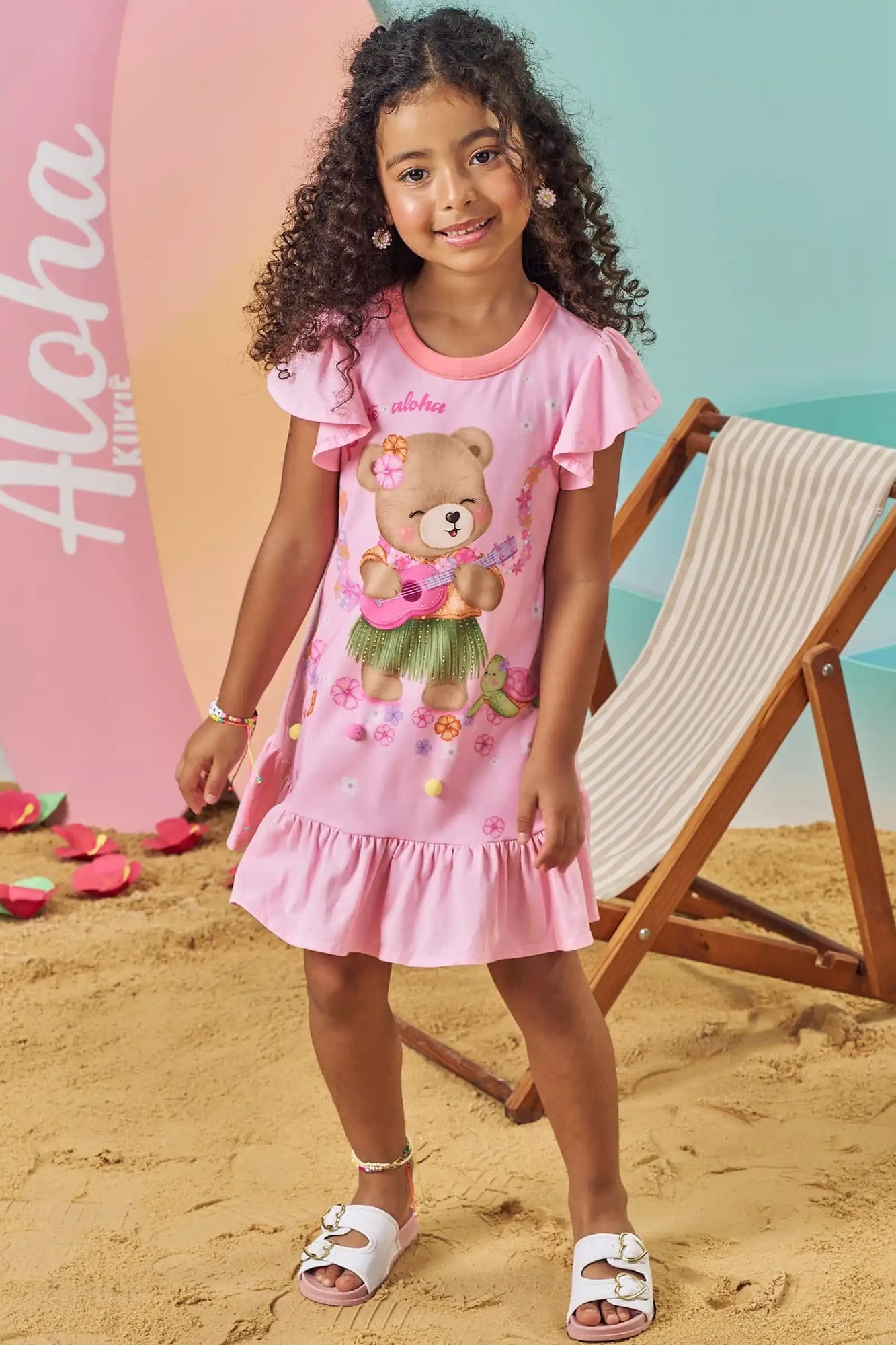 Vestido Infantil Kukiê Verão Rosa Ursinha Musical