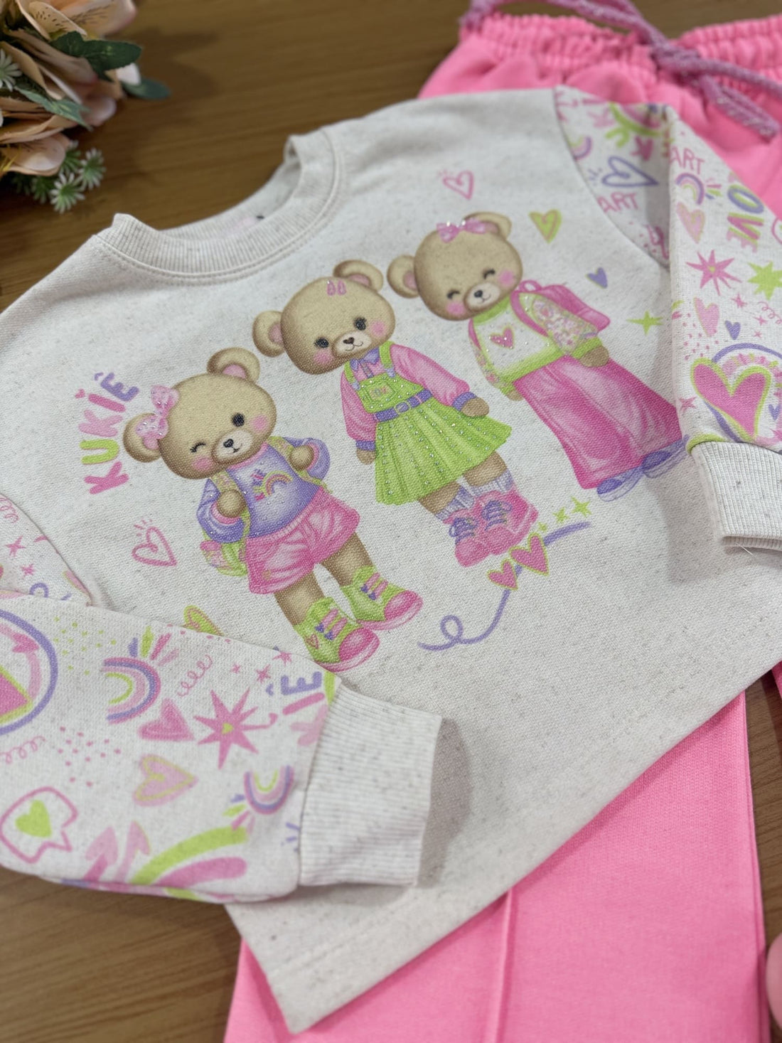Conjunto Infantil Kukie Inverno Calça Wide Leg Rosa Casaco Ursinhos