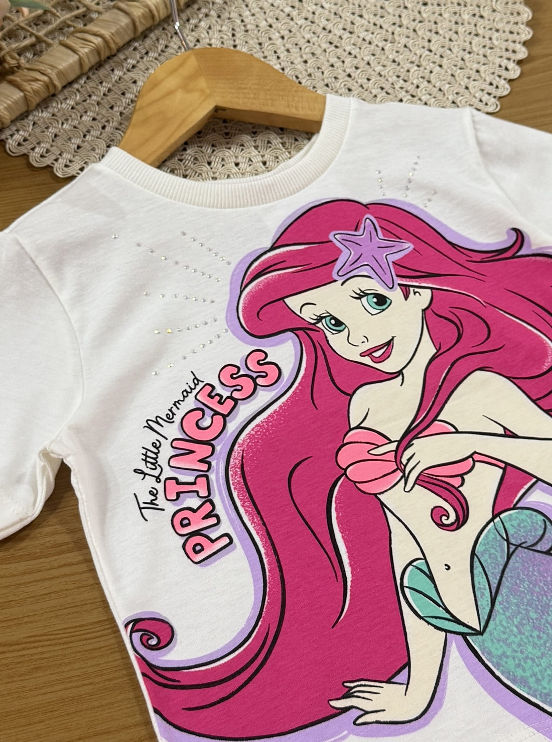 Blusa Infantil Momi Verão Branca Ariel com Strass Disney
