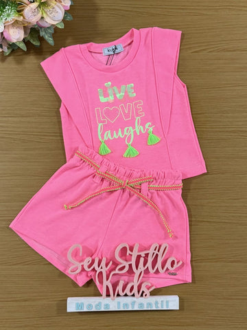 Conjunto Infantil Kukie Shorts e Blusa Rosa Neon Love
