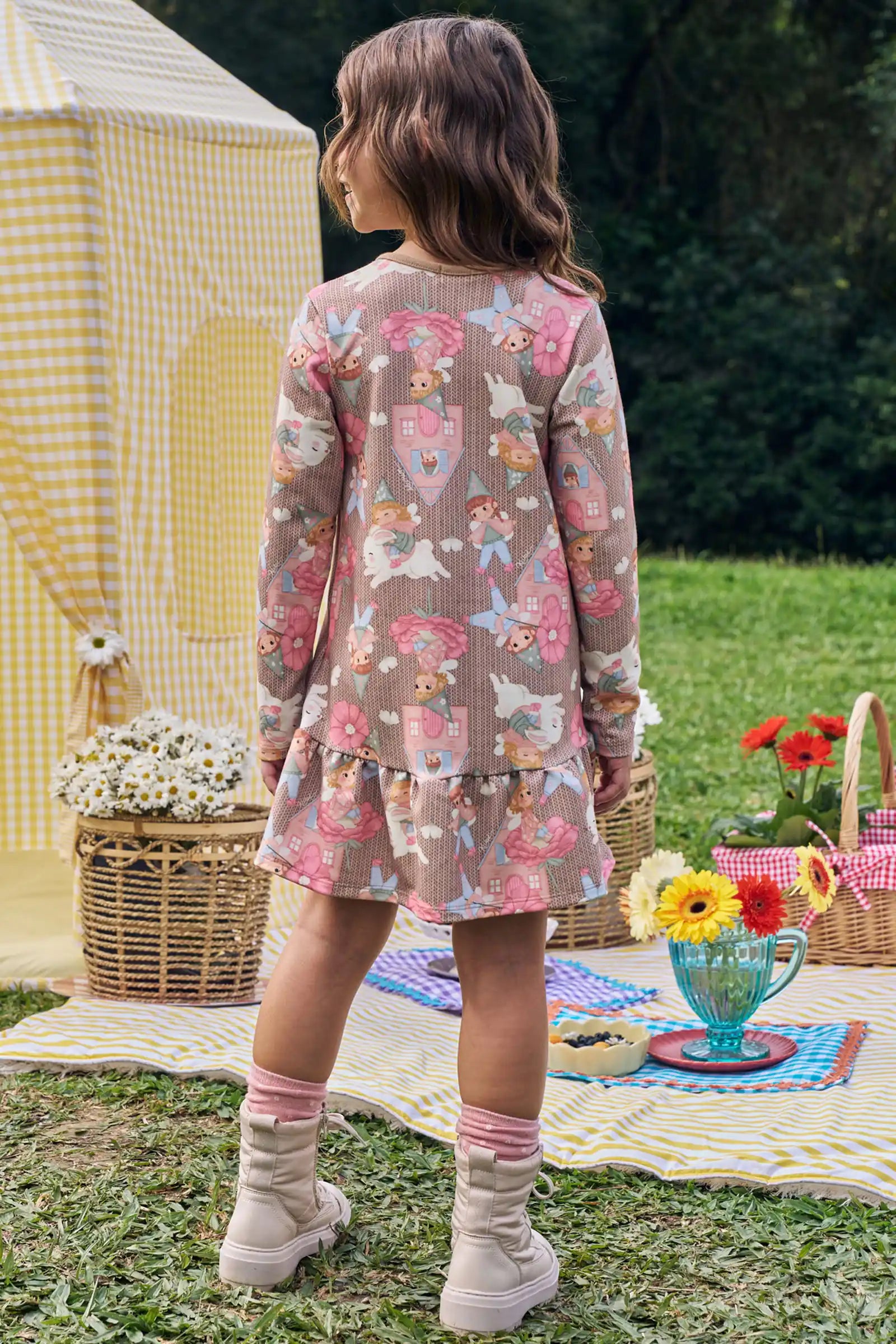 Vestido Infantil Kukiê Inverno Bege Casinha
