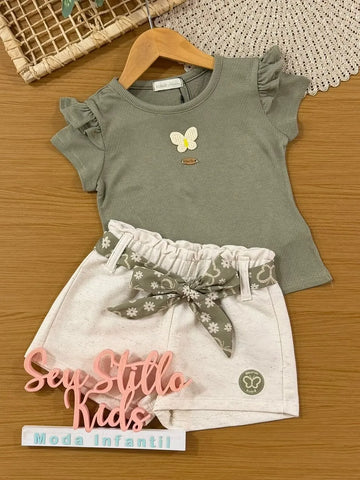 Conjunto Infantil Kukiê Verão com Shorts Off White Blusa Verde Borboleta