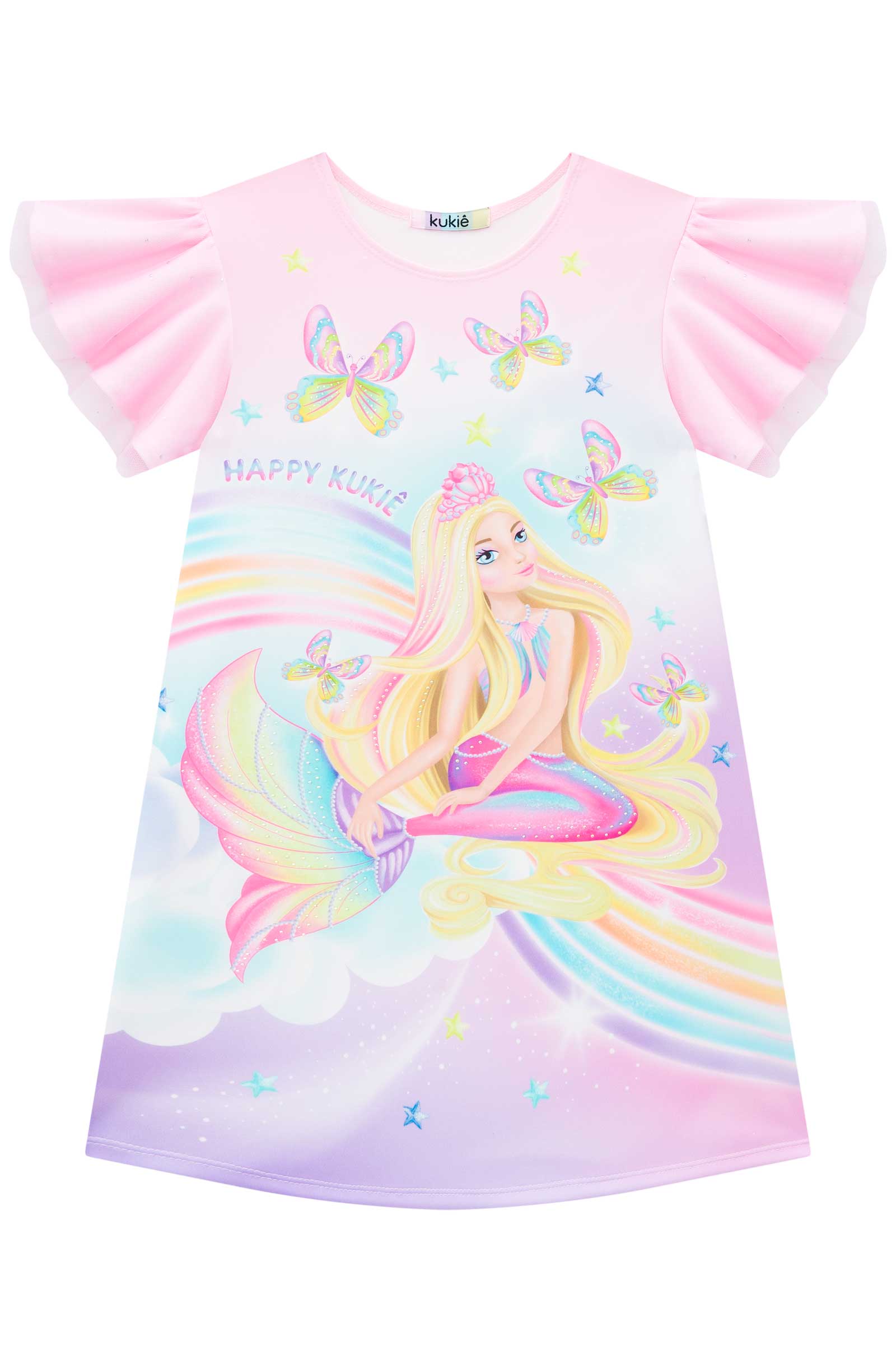 Vestido Infantil Kukie Verão Rosa Sereia Arco-íris