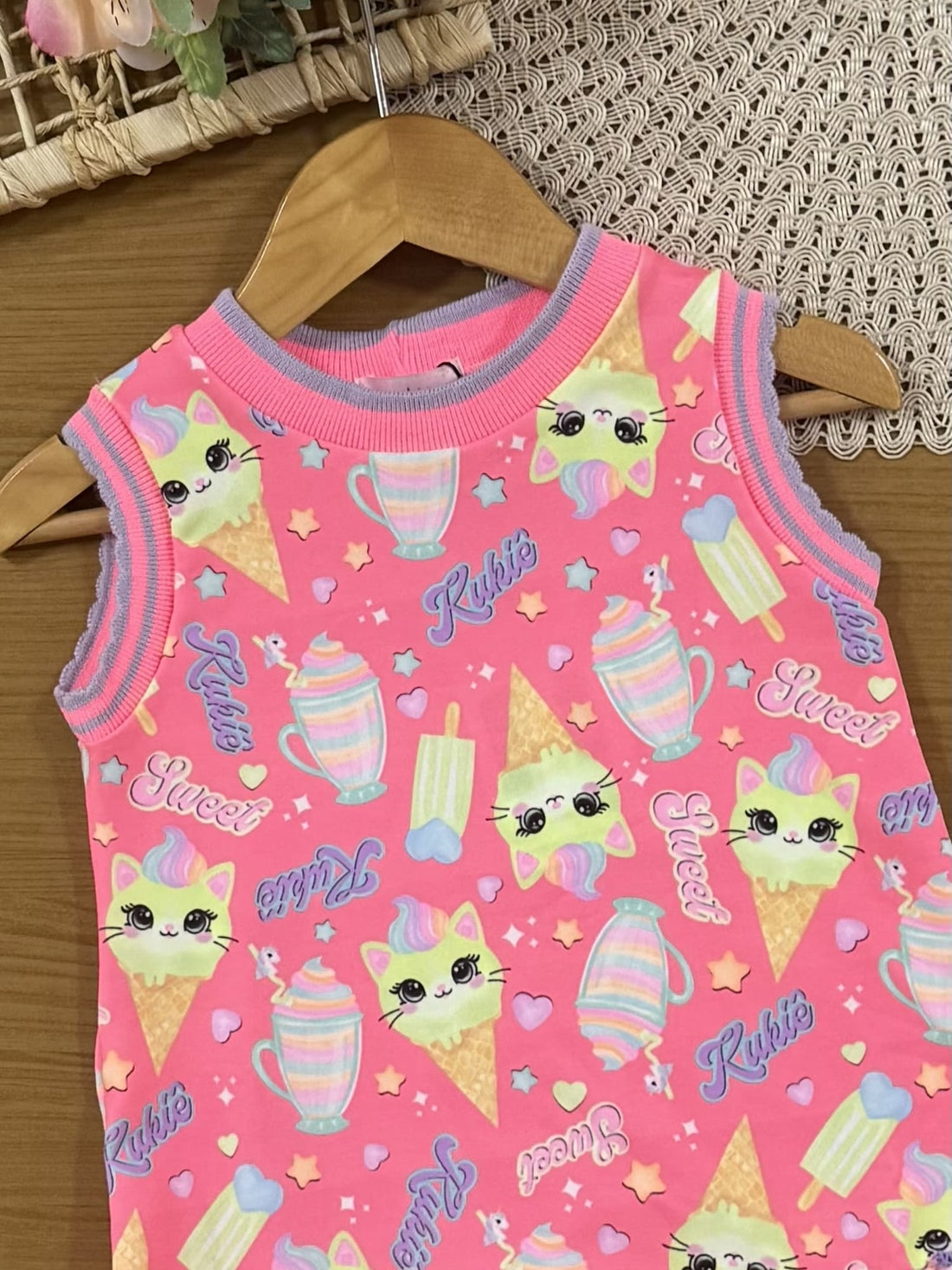 Vestido Infantil Kukiê Verão Rosa Gatinha Sorvete