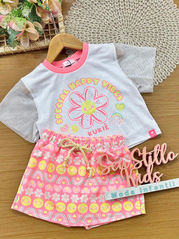 Conjunto Infantil Menina Kukiê com Shorts Saia e Blusa Branca Florzinha Emoji