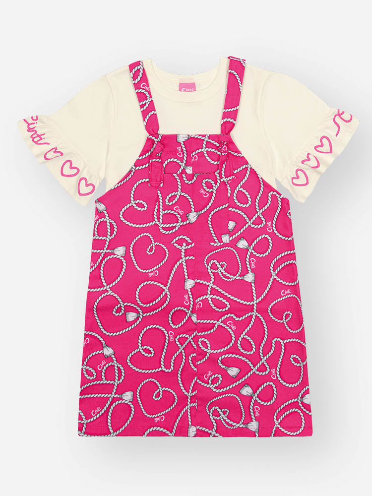 Salopete Infantil Cinti Verão Rosa Laço 3D e Blusa Branca Corações