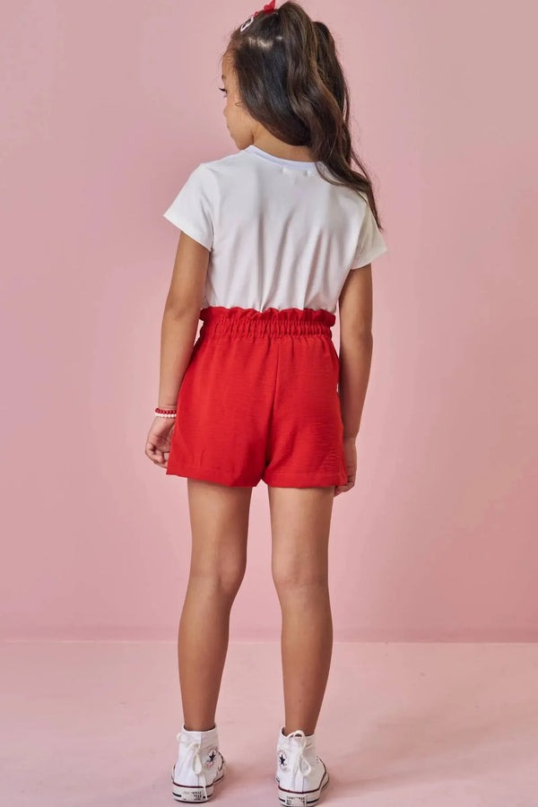 Conjunto Infantil Kukiê Verão com Shorts Vermelho e Blusa Branca Cerejinha Love