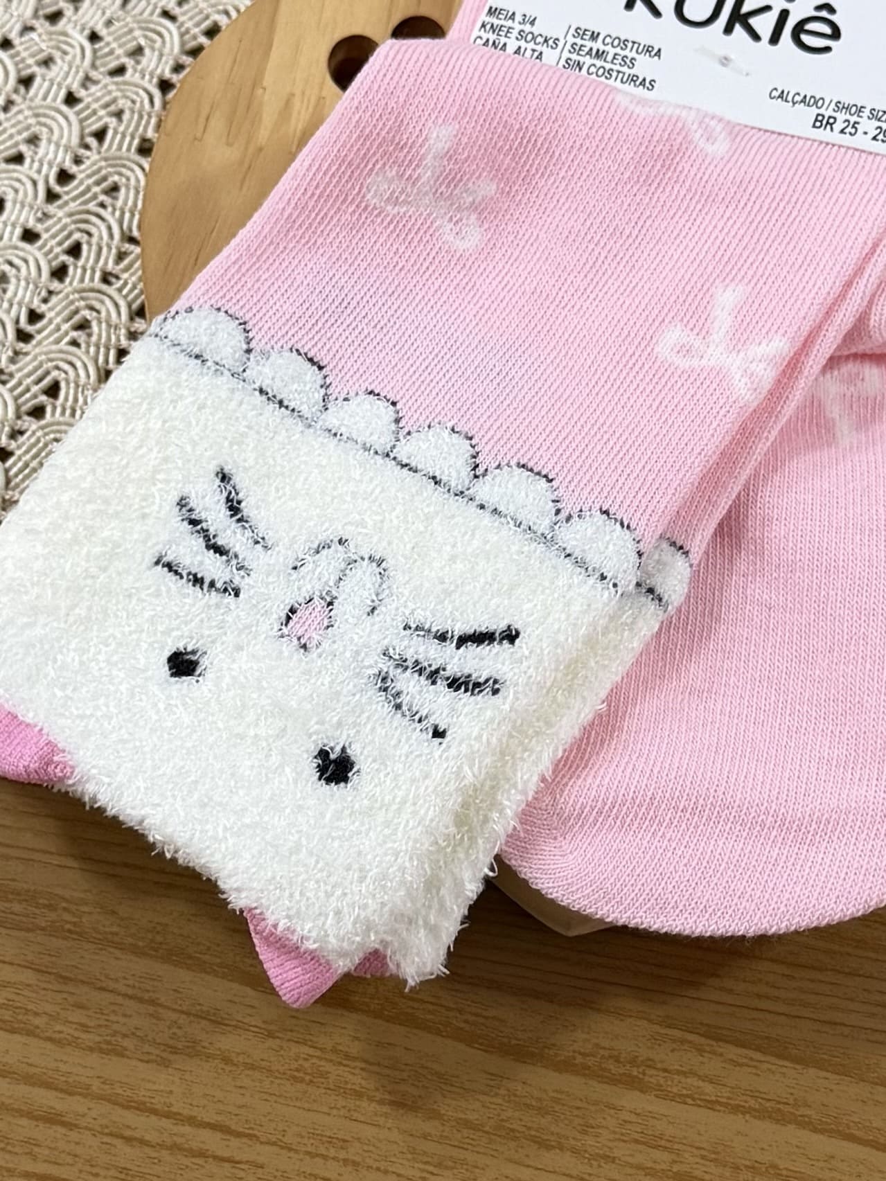 Meia Infantil 3/4 Kukiê Inverno Rosa Gatinha