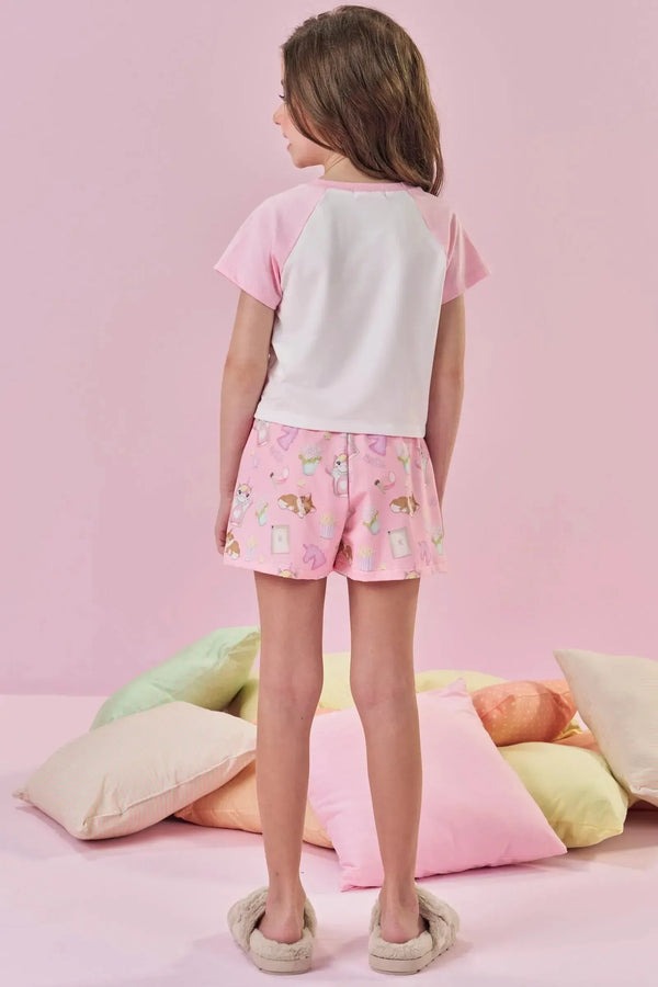 Pijama Infantil Kukiê Verão com Shorts Rosa e Blusa Branca Amiguinhas Festa do Pijama