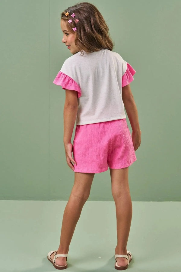 Conjunto Infantil Kukiê Verão com Shorts Rosa e Blusa Off White Casinha Cogumelo